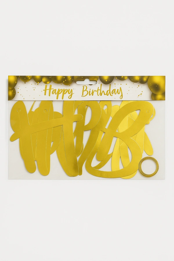 Gold Cursive "Happy Birthday" Banner with Ribbon – Metallic Finish