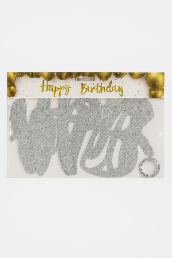 Silver Glitter Cursive "Happy Birthday" Banner with Ribbon – Sparkle Finish