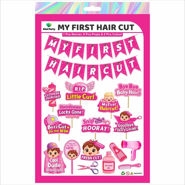 Kiwi Party My First Haircut Decoration Kit β 1 Banner, 8 Props & 8 Cutouts | Baby Mundan Ceremony Party Set (Pink Theme)