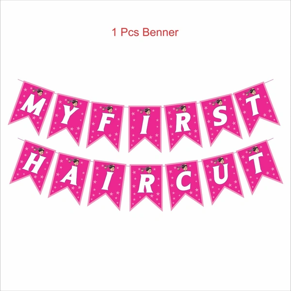 Kiwi Party My First Haircut Decoration Kit β 1 Banner, 8 Props & 8 Cutouts | Baby Mundan Ceremony Party Set (Pink Theme)