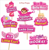 Kiwi Party My First Haircut Decoration Kit β 1 Banner, 8 Props & 8 Cutouts | Baby Mundan Ceremony Party Set (Pink Theme)