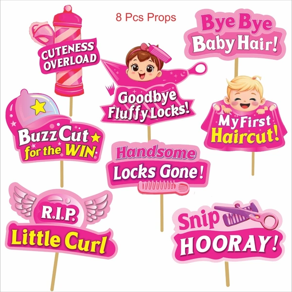 Kiwi Party My First Haircut Decoration Kit β 1 Banner, 8 Props & 8 Cutouts | Baby Mundan Ceremony Party Set (Pink Theme)