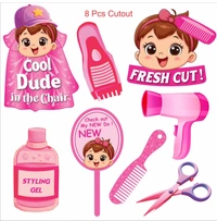 Kiwi Party My First Haircut Decoration Kit β 1 Banner, 8 Props & 8 Cutouts | Baby Mundan Ceremony Party Set (Pink Theme)