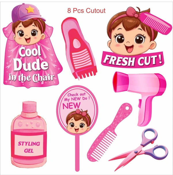 Kiwi Party My First Haircut Decoration Kit β 1 Banner, 8 Props & 8 Cutouts | Baby Mundan Ceremony Party Set (Pink Theme)