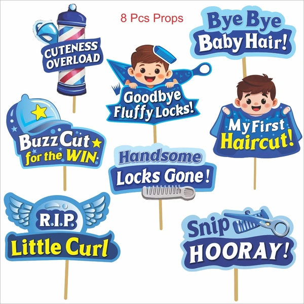 Kiwi Party My First Haircut Decoration Kit (Blue Theme) β 1 Banner, 8 Props & 8 Cutouts | Baby Boy Mundan Ceremony Party Set