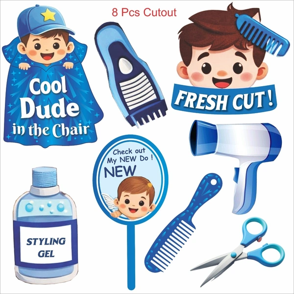 Kiwi Party My First Haircut Decoration Kit (Blue Theme) β 1 Banner, 8 Props & 8 Cutouts | Baby Boy Mundan Ceremony Party Set