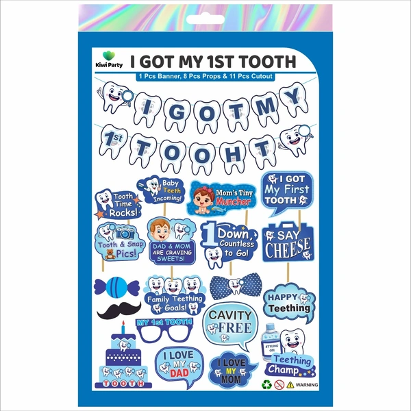 Kiwi Party I Got My 1st Tooth Decoration Kit β 1 Banner, 8 Props & 11 Cutouts | Baby Teething Celebration Party Set (Blue Theme)
