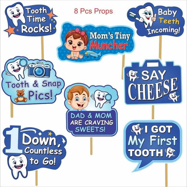Kiwi Party I Got My 1st Tooth Decoration Kit β 1 Banner, 8 Props & 11 Cutouts | Baby Teething Celebration Party Set (Blue Theme)