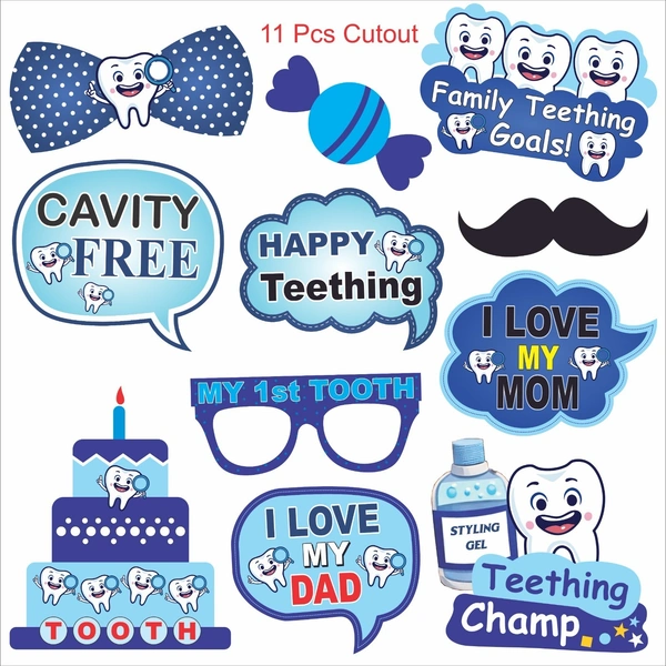 Kiwi Party I Got My 1st Tooth Decoration Kit β 1 Banner, 8 Props & 11 Cutouts | Baby Teething Celebration Party Set (Blue Theme)