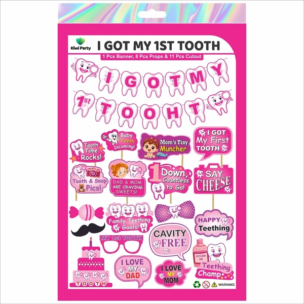 Kiwi Party I Got My 1st Tooth Decoration Kit (Pink Theme) β 1 Banner, 8 Props & 11 Cutouts | Baby Girl Teething Celebration Party Set