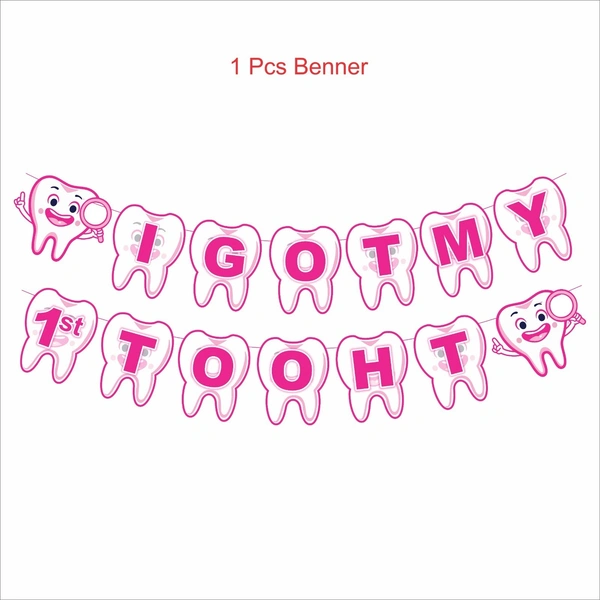 Kiwi Party I Got My 1st Tooth Decoration Kit (Pink Theme) β 1 Banner, 8 Props & 11 Cutouts | Baby Girl Teething Celebration Party Set