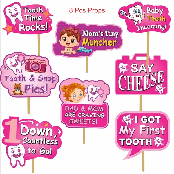Kiwi Party I Got My 1st Tooth Decoration Kit (Pink Theme) β 1 Banner, 8 Props & 11 Cutouts | Baby Girl Teething Celebration Party Set