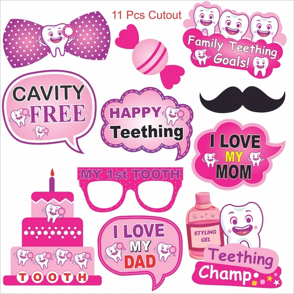Kiwi Party I Got My 1st Tooth Decoration Kit (Pink Theme) β 1 Banner, 8 Props & 11 Cutouts | Baby Girl Teething Celebration Party Set