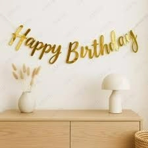 Gold Cursive "Happy Birthday" Banner with Ribbon – Metallic Finish