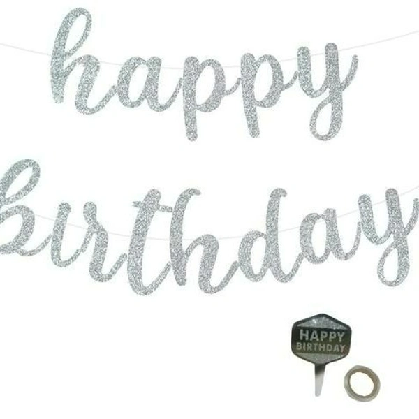 Silver Glitter Cursive "Happy Birthday" Banner with Ribbon – Sparkle Finish
