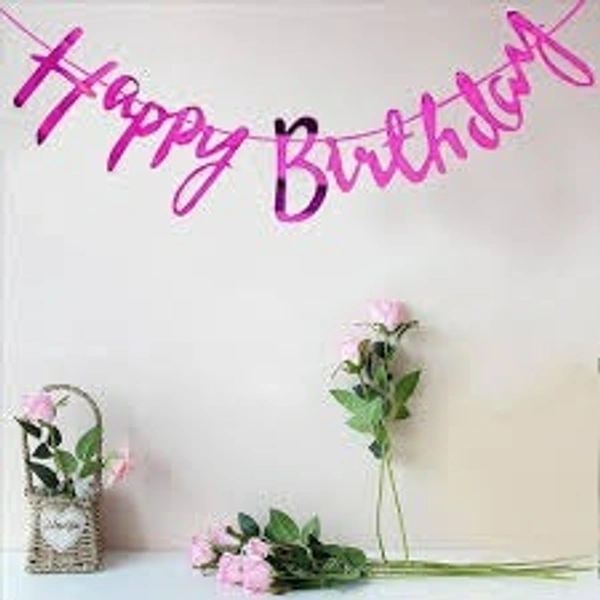 Pink Cursive "Happy Birthday" Banner with Ribbon – Glossy Finish