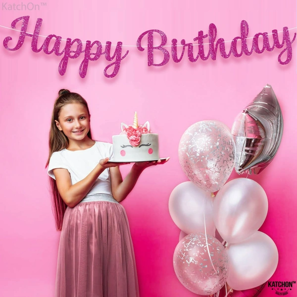 Pink Cursive "Happy Birthday" Banner with Ribbon – Glossy Finish