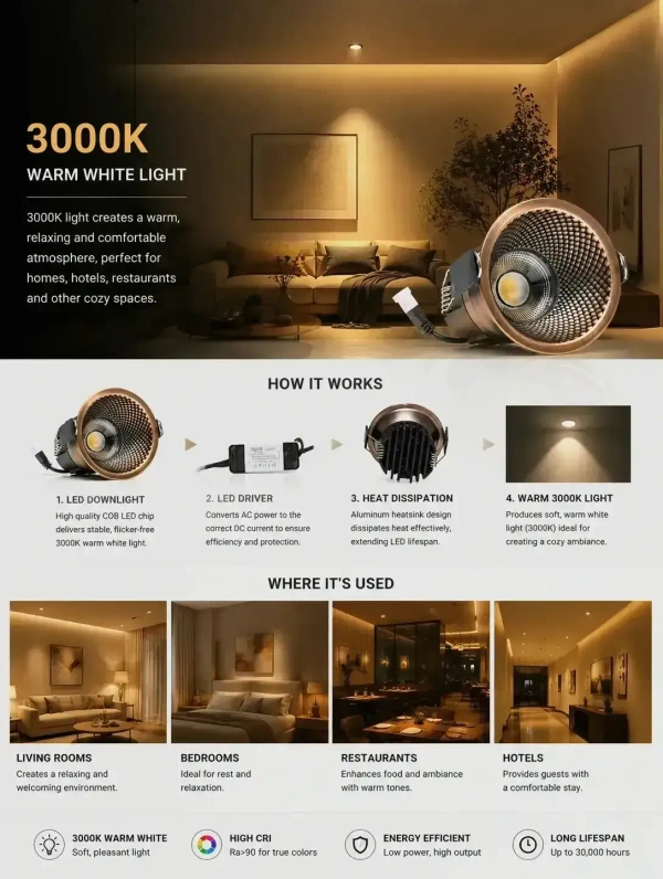 AP622A 7W Cree COB LED Recessed Downlight - Matt Copper Ceiling Spotlight |Warm White High Brightness COB Spot Light - 7W, 3K