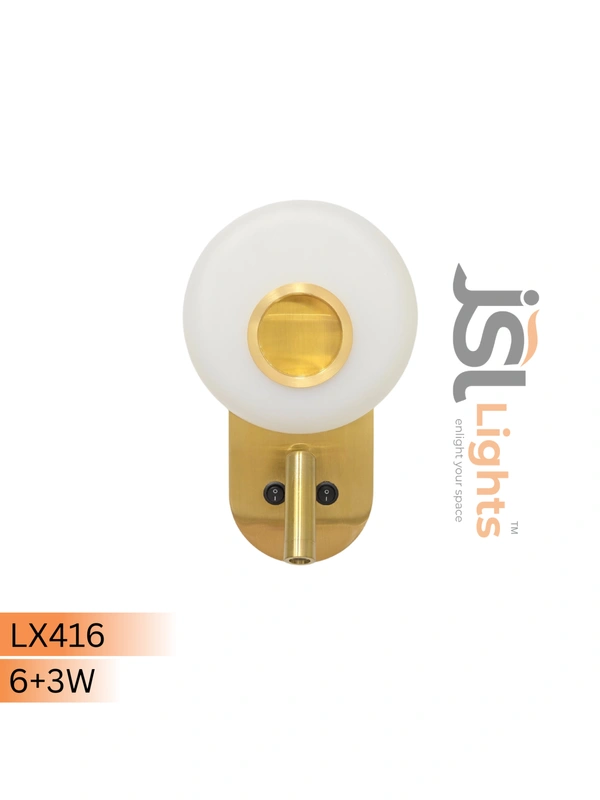 LX416 6+3W Dual LED Bedside Wall Light - Premium Brushed Gold Frosted Glass Globe Backlight with Adjustable 3W Focus Reading Spotlight & Dual Switches - 1 Pcs.