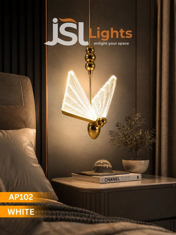 APRA AP102 WHITE Luxury Butterfly Hanging Pendant Light - Premium Gold Finish Warm White Textured Glass Chandelier for Bedrooms & Living Rooms - White