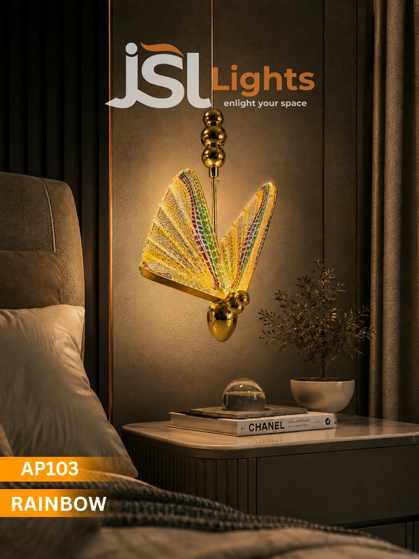 APRA AP103 RAINBOW Luxury Butterfly Hanging Pendant Light - Premium Gold Finish Multi-Color Mosaic Glass Chandelier for Living Room & Bedrooms - Rainbow