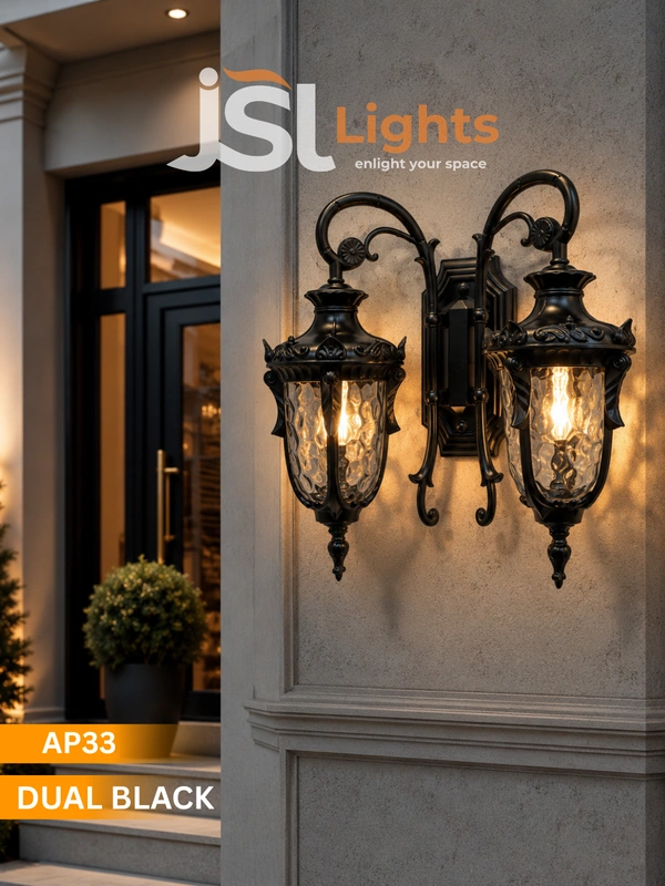 APRA AP33 Dual Black Luxury Double-Head Wall Light - Antique Matte Black Gate & Wall Light with Textured Water-Glass Cups ( WITHOUT BULB )