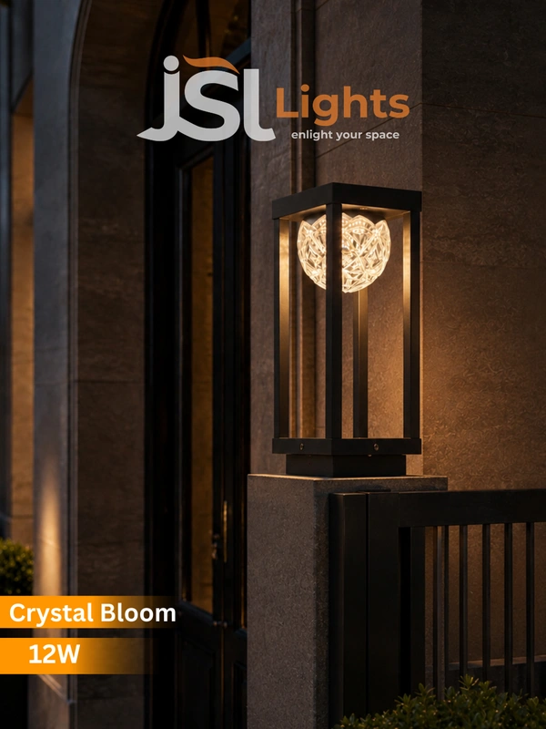 Crystal Bloom 12W Luxury Outdoor Pillar Light - Modern Matte Black Geometric Frame Gate Light with Premium Crystal Mesh Flower Bowl - 12W