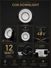 APRA AP-1501 12W 3 in 1 Deep Recessed COB Downlight - Black GBK Finish Anti-Glare Ceiling Spotlight - 12W, BK+GBK