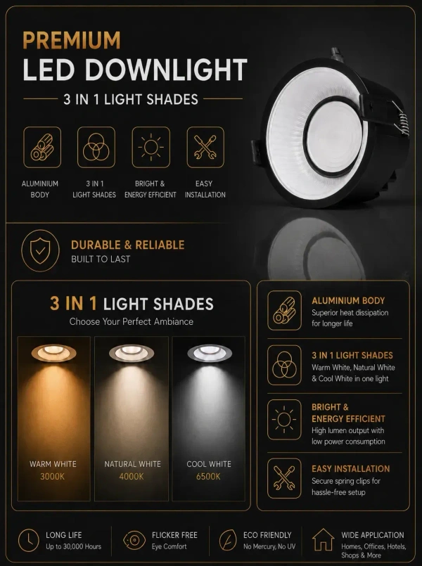 APRA AP-1501 12W 3 in 1 Deep Recessed COB Downlight - Black GBK Finish Anti-Glare Ceiling Spotlight - 12W, BK+GBK