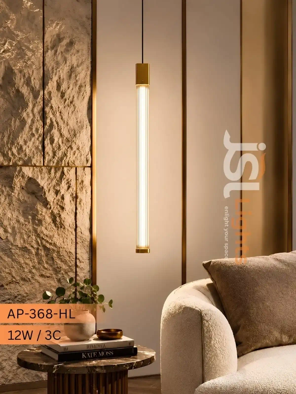 AP-368-HL 12W 3-Color LED Hanging Light - Luxury Gold Linear Glass Pendant Light for Bedside, Living Room & Dining Corner