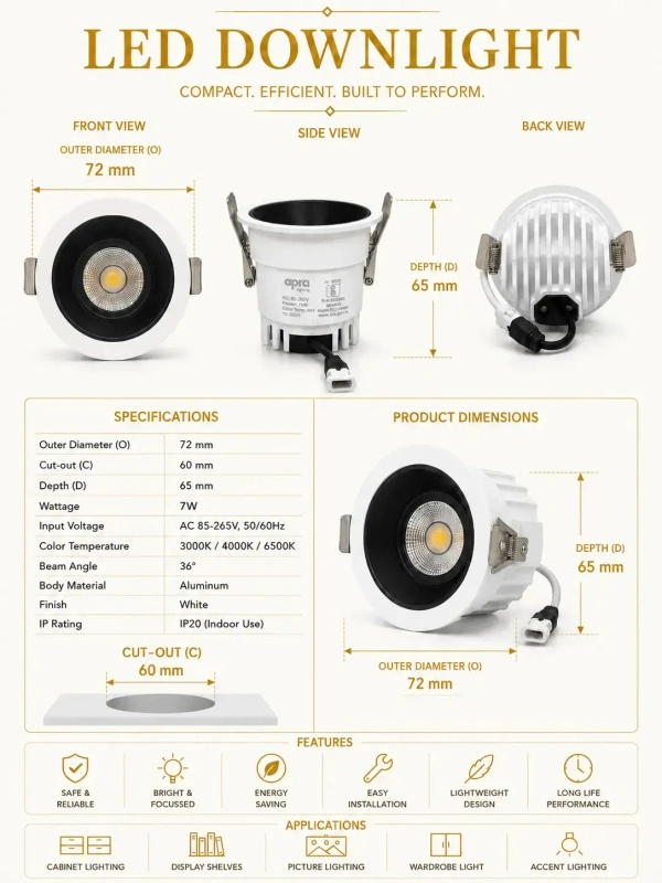 APRA AP570B 7W Wave Recessed COB Downlight - Warm White Premium White GB Finish Anti-Glare Ceiling Focus Spotlight - 7W, 3000K, White GB