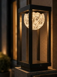 Crystal Bloom 12W Luxury Outdoor Pillar Light - Modern Matte Black Geometric Frame Gate Light with Premium Crystal Mesh Flower Bowl - 12W