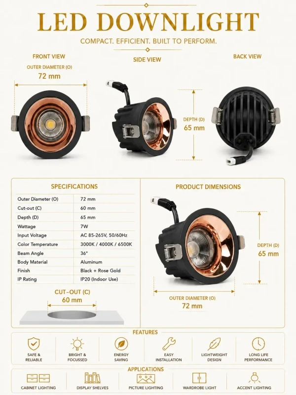 APRA AP570B 7W Wave Recessed COB Downlight - Natural White Premium Black RG Finish Anti-Glare Ceiling Focus Spotlight - 7W, 4000K, Black RG