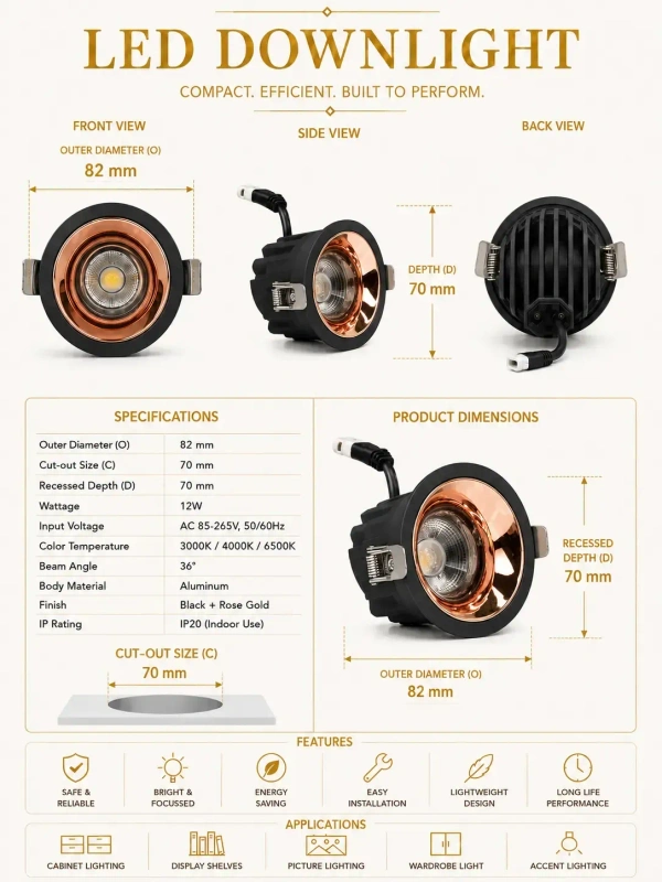 APRA AP570B 12W Wave Recessed COB Downlight - Natural White Premium Black RG Finish Anti-Glare Ceiling Focus Spotlight - 12W, 4000K, Black RG