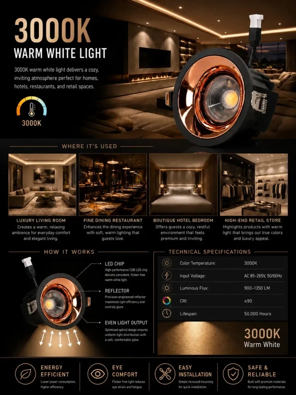APRA AP570B 12W Wave Recessed COB Downlight - Warm White Premium Black RG Finish Anti-Glare Ceiling Focus Spotlight - 12W, 3000K, Black RG