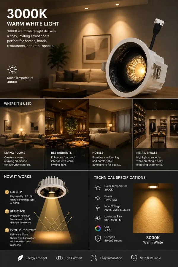 APRA AP570B 7W Wave Recessed COB Downlight - Warm White Premium White GB Finish Anti-Glare Ceiling Focus Spotlight - 7W, 3000K, White GB