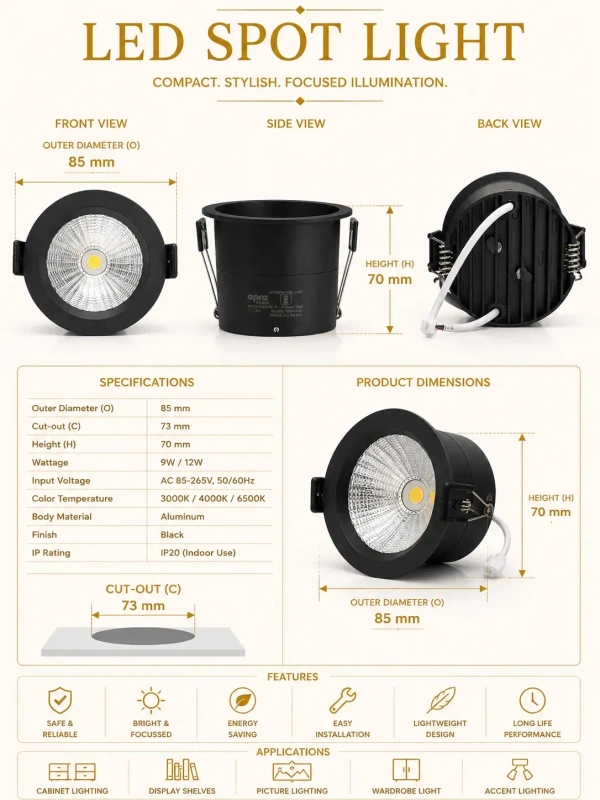 APRA AP821 12W Smart Bluetooth App Control COB Downlight - 3CCT Black Body Deep Recessed Anti-Glare Ceiling Spotlight -