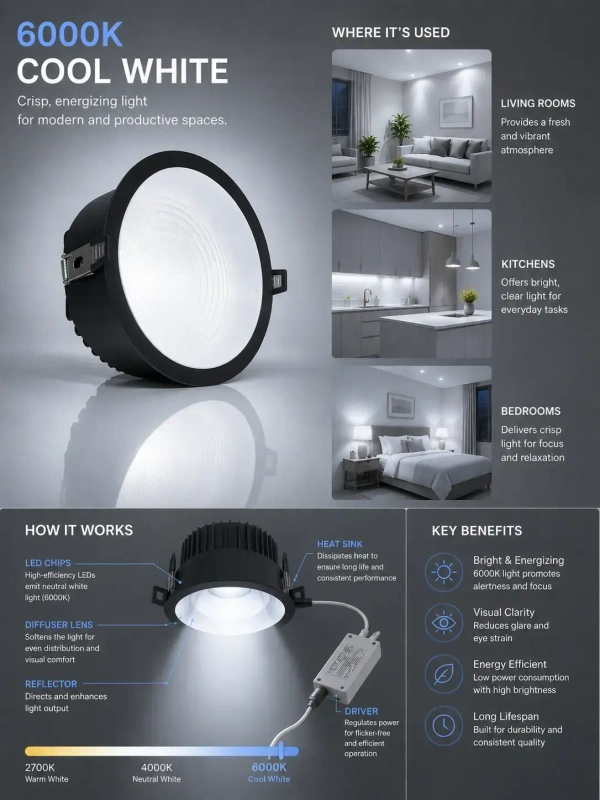 APRA AP-2230 Premium 30W COB LED Downlight |Black Deep Recessed Ceiling Light - Cool White Bright Office Lighting |COB Spot Light - 6K