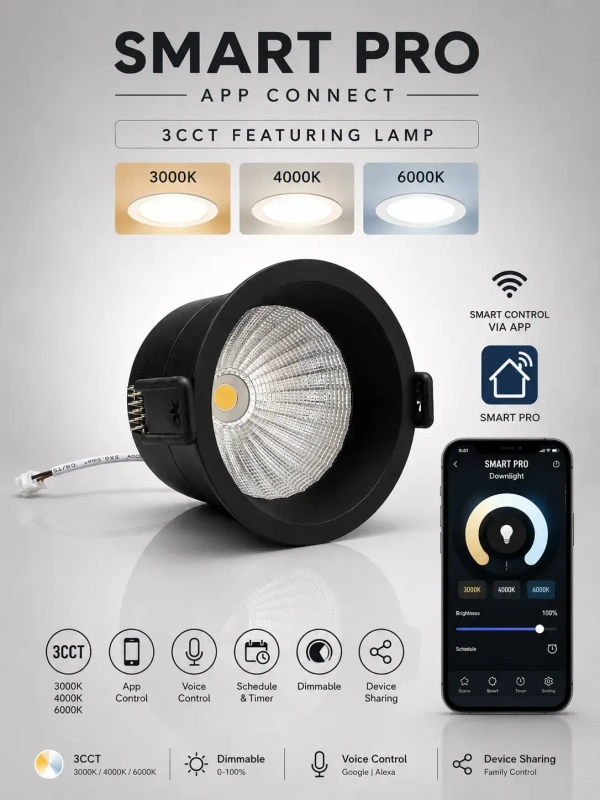 APRA AP821 12W Smart Bluetooth App Control COB Downlight - 3CCT Black Body Deep Recessed Anti-Glare Ceiling Spotlight -