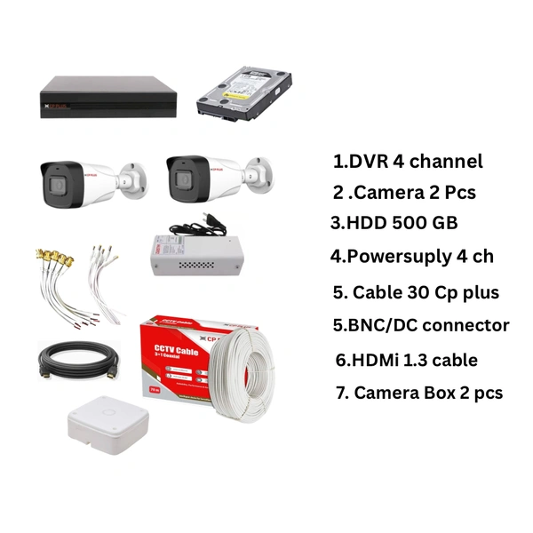 CP Plus CP PLUS Full HD 4Ch DVR + 2 Bullet CAMERA 2.4 MegaPixel colour night ( + ) Nightvision + Hard Drive 500 gb + CP PLUS OG 30 MTR CABLE 3+1+ 4 CH Power Supply + BNC & DC Pin Set +HDMI 1.3 MTR + CAM BOX 2 SET - Full CCTV Kit Security Camera - White