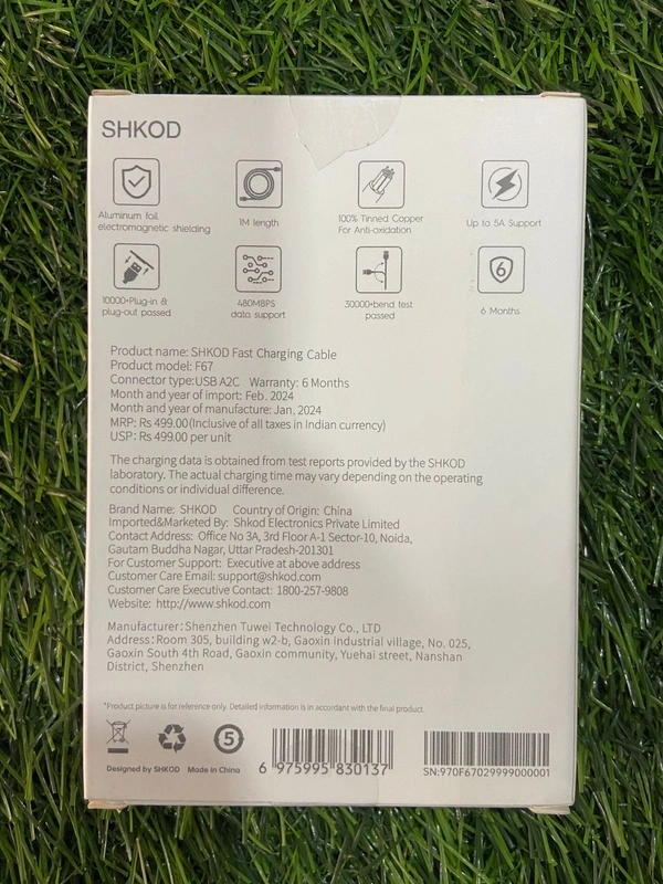 SHKOD F67 Fast Charging USB A to Type-C Cable | 5A Support | 480Mbps | 1 Meter | Durable & Tangle-Free | - White, 1 Mtr