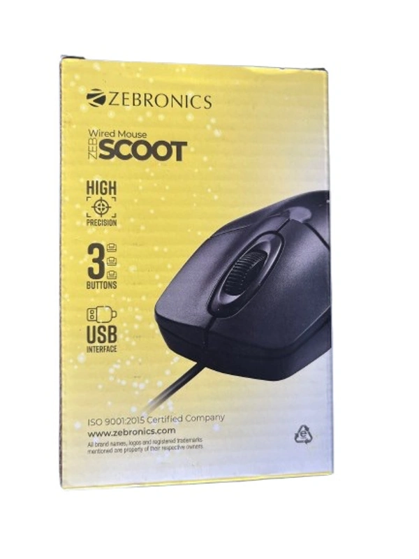 Zebronics Scoot Wired USB Optical Mouse – Compact, Ergonomic, 1200 DPI, Plug & Play
- Black