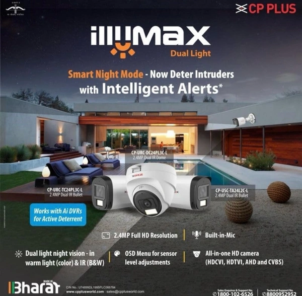 CP Plus Illumax 2.4MP Outdoor CCTV Camera — Color Night Vision, Built‑in Mic, Smart Dual Light, Motion Detection, Weatherproof, DVR Compatible