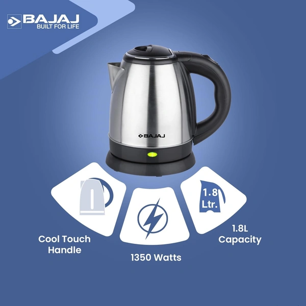 Bajaj KTX 1.8 Litre DLX Electric Kettle | 1350 Watts Kettle with Stainless Steel Body | Cordless Operation | Auto Shut-off Mechanism | 2-Yr Warranty - White
