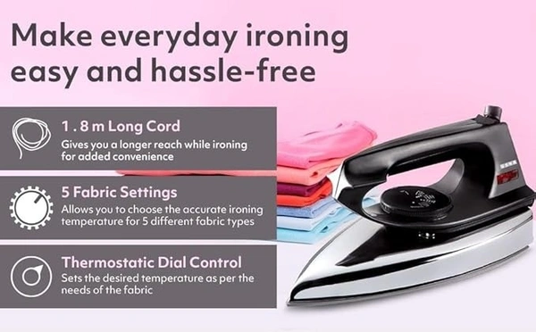 USHA Aluminium Ei 2802 1000 Watts Ultra Light Weight Dry Iron With Non-Stick Soleplate (White)