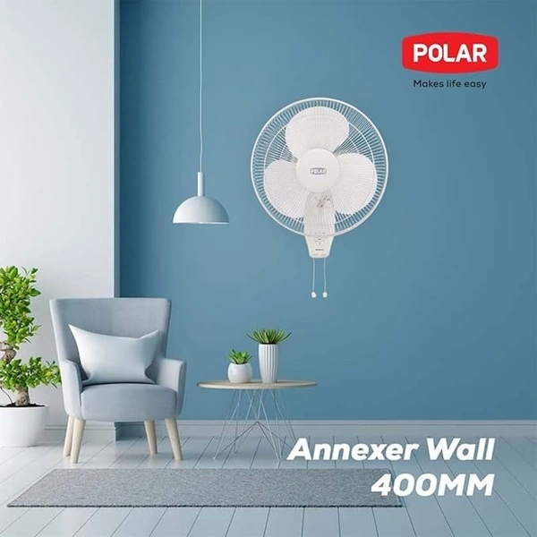 POLAR Annexer 400mm Wall Mounted Fan White | Button Control Oscillating Electric Plastic ON/OFF & 3 speed rotary switch | For Kitchen, Living Room, Home Office, Dining Room