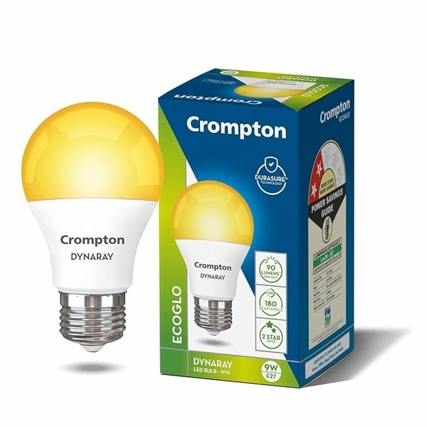Crompton Dyna Ray LED Bulb | 9W | Warm White | E27 Base | 180 Degree Coverage | 4kV Surge Protection | 440V High Voltage Protection | Pack of 1