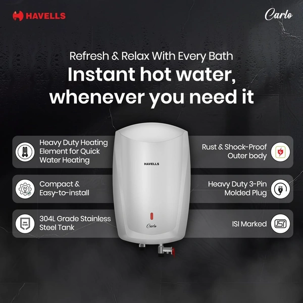 Havells Carlo 5 Litre Instant Water Heater | Color Changing LED Indicator, Rust and shock proof, ISI Certified | Fire retardant power cord; Warranty: 5 YEAR Free Connection Pipe