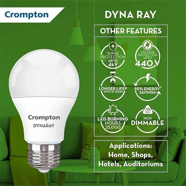 Crompton Dyna Ray LED Bulb | 9W | Warm White | E27 Base | 180 Degree Coverage | 4kV Surge Protection | 440V High Voltage Protection | Pack of 1