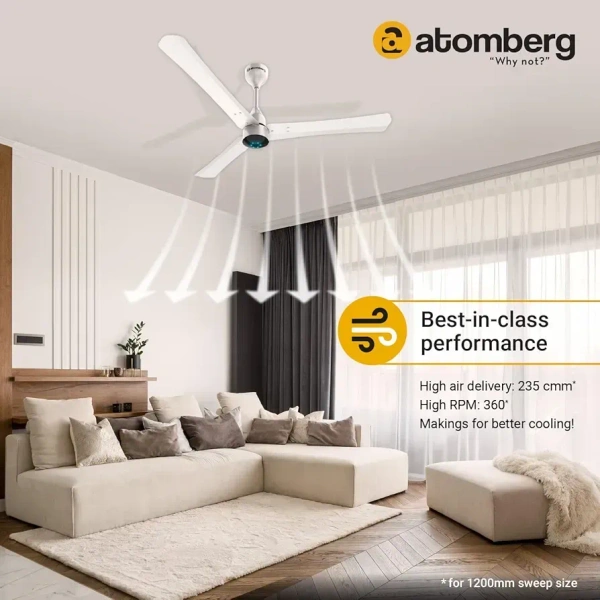 atomberg Renesa+ 1200mm BLDC Ceiling Fan with Remote Control | BEE 5 star Rated Energy Efficient Ceiling Fan | High Air Delivery with LED Indicators | 2+1 Year Warranty (Pearl White)